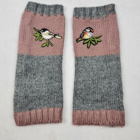 Knitted birdie embroidered cotton fingerless winter gloves Preppy (#1,045)(C) - Picture 3 of 4